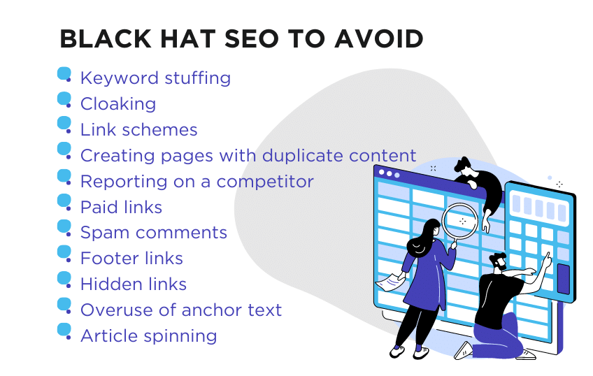 Black Hat SEO to avoid: Keyword stuffing, cloaking, link schemes, creating pages with duplicate content, reporting on a competitor, paid links, spam comments, footer links, hidden links, overuse of anchor text, article spinning