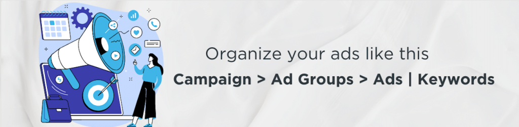 Organize your Google Text Ads like this: Campaign > Ad Groups > Ads | Keywords