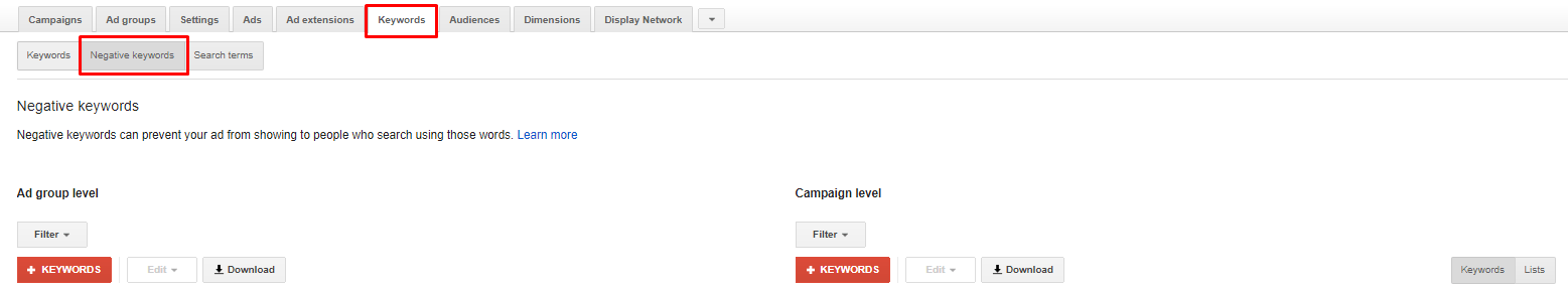 A keywords report in Google Ads