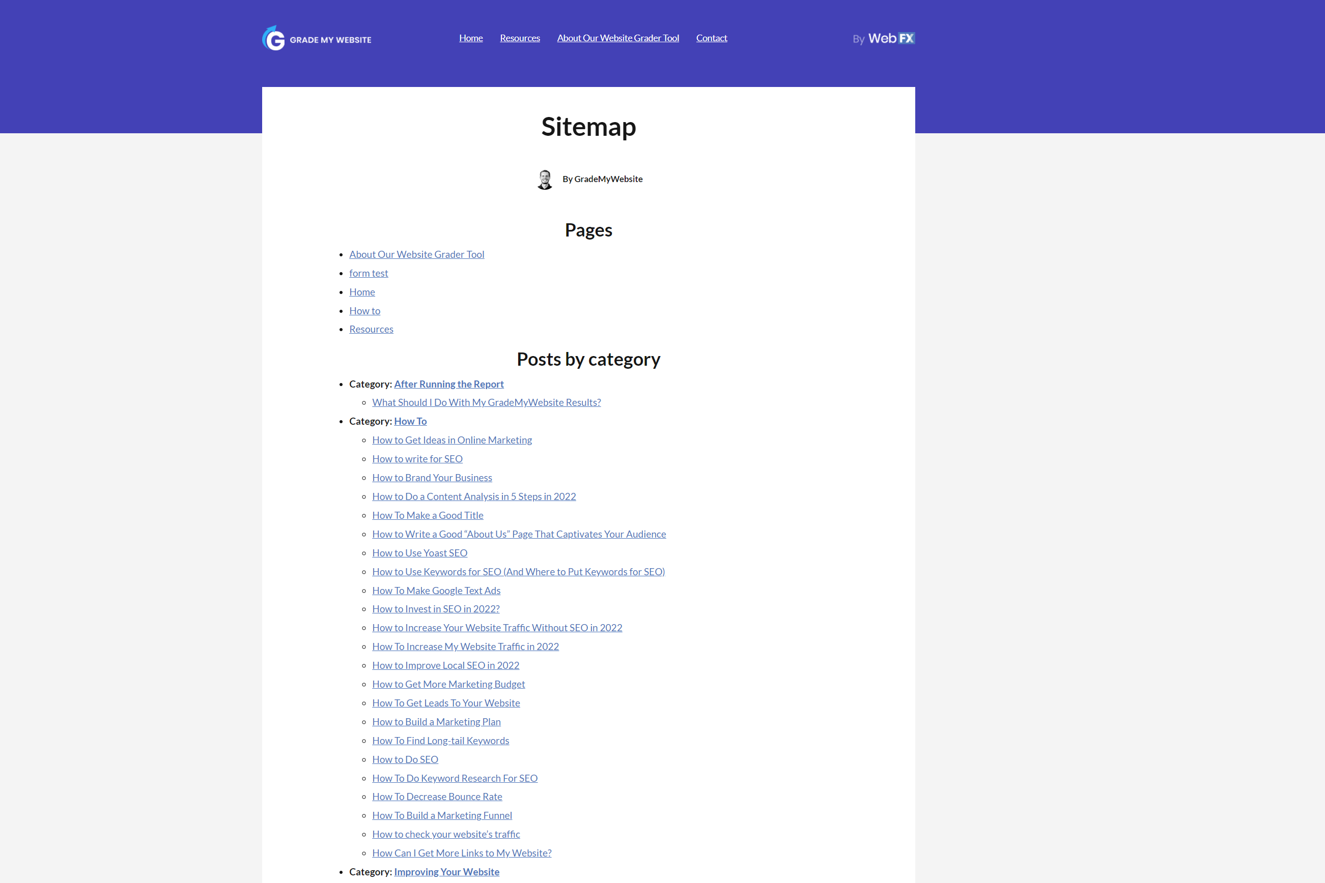 An HTML sitemap on Grade My Website