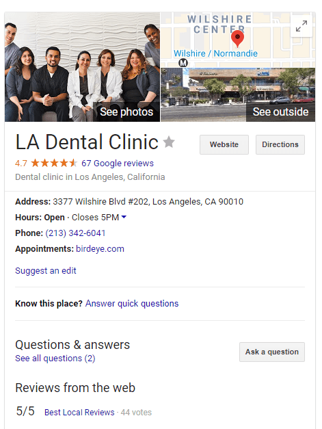 A Google Business Profile listing for LA Dental Clinic