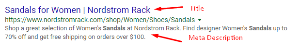 A search result for sandals from Nordstrom Rack with SEO optimized title tag and meta description
