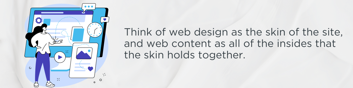 A graphic with text: Think of web design as the skin of the site, and web content as all of the insides that the skin holds together