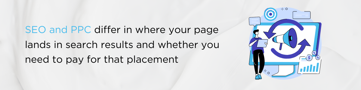 SEO and PPC differ in where your page lands in search results and whether you need to pay for that placement