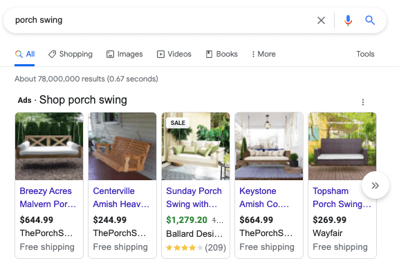 Google PPC Shopping Ads for patio furniture in a carousel at the top of the search results