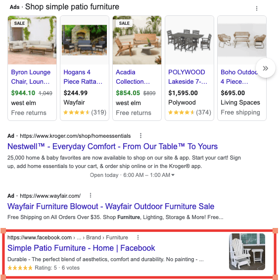 Google search results for patio furniture, a red box surrounds an organic result for Simple Patio Furniture on Facebook