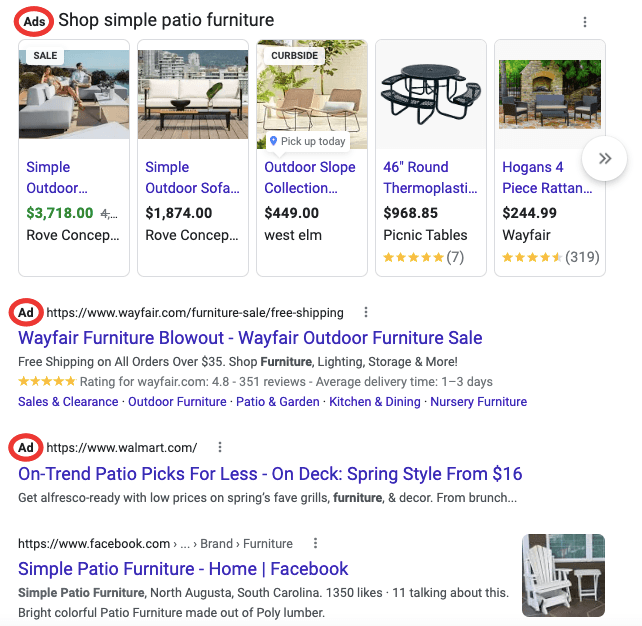 A screenshot of paid ads for patio furniture in the Google search results, at the top are five Google shopping ads with images of patio furniture, and at the bottom are text ads without images