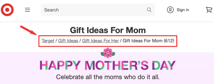 Screenshot of breadcrumb navigation in web design from Target