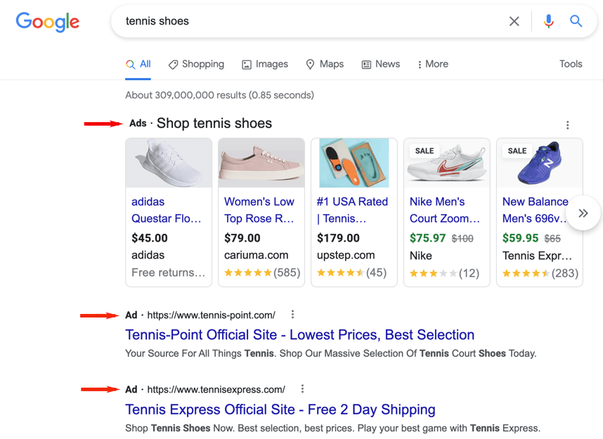 A screenshot of ads in the Google search results for tennis shoes