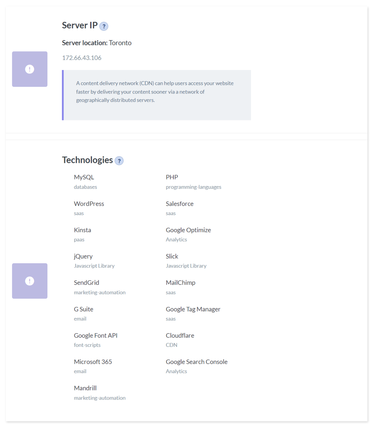 Screenshot of the server information metrics report