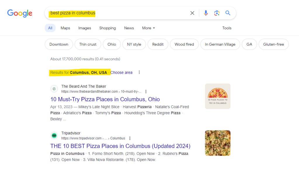 example of regional seo search result